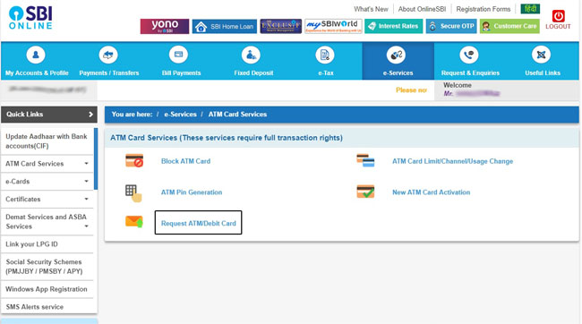 apply sbi debit card thru online netbanking