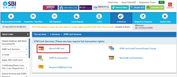 sbi atm card block step2