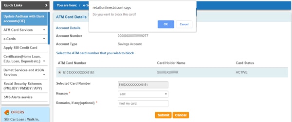 sbi atm card block step3