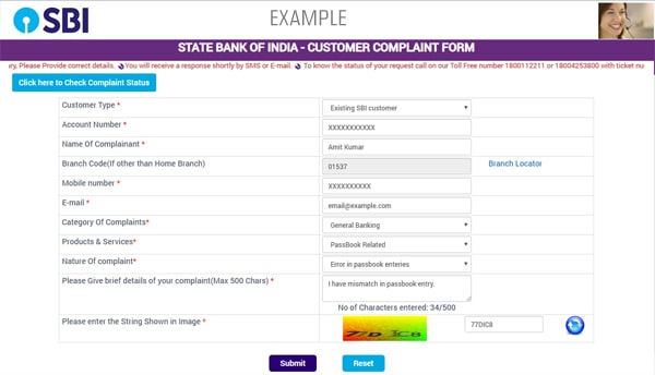 sbi online complaint register example