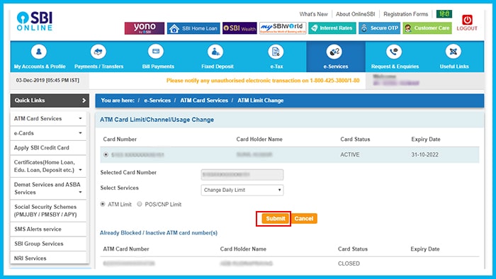 sbi atm card limit increase step 3