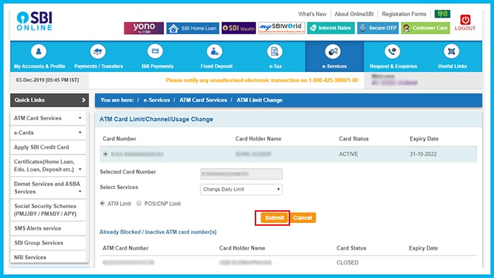 sbi atm card limit increase step 3