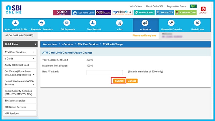 sbi atm card limit increase step 4