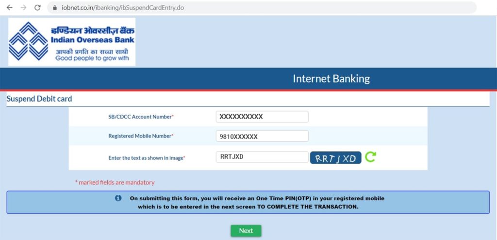 Blocking IOB Debit Card Online