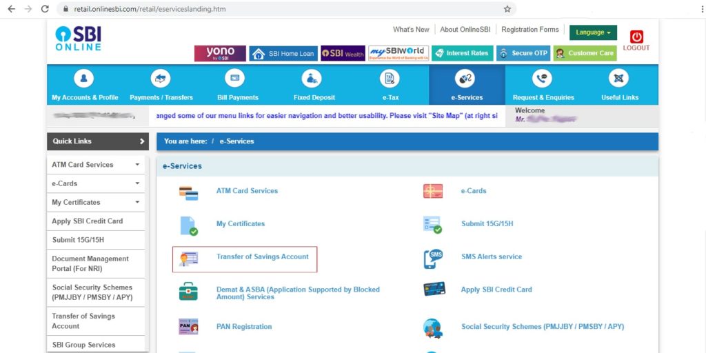 Online SBI Account Transfer Step 1