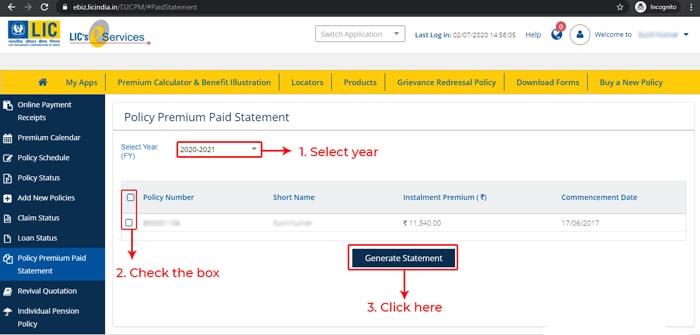 LIC Premium Paid Statement Download Step 4