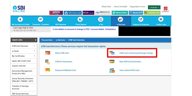 choose ATM card limit-usage change