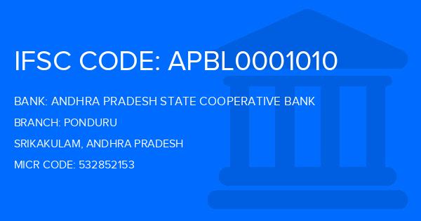 Andhra Pradesh State Cooperative Bank Ponduru Branch IFSC Code