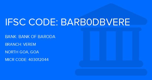 Bank Of Baroda (BOB) Verem Branch IFSC Code