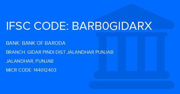 Bank Of Baroda (BOB) Gidar Pindi Dist Jalandhar Punjab Branch IFSC Code