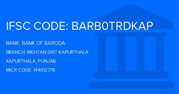 Bank Of Baroda (BOB) Mehtan Dist Kapurthala Branch IFSC Code
