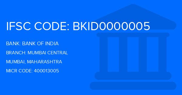 Bank Of India (BOI) Mumbai Central Branch IFSC Code
