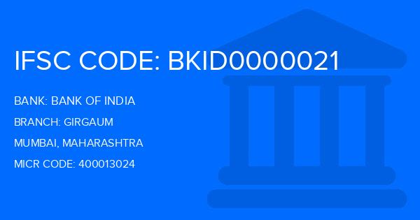 Bank Of India (BOI) Girgaum Branch IFSC Code