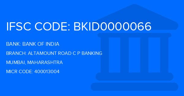 Bank Of India (BOI) Altamount Road C P Banking Branch IFSC Code