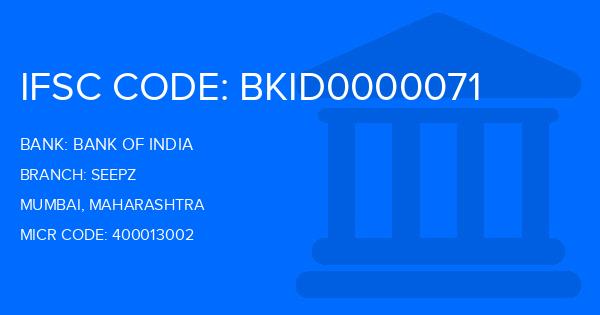 Bank Of India (BOI) Seepz Branch IFSC Code