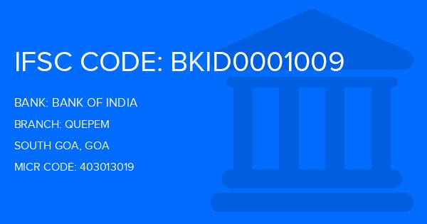 Bank Of India (BOI) Quepem Branch IFSC Code