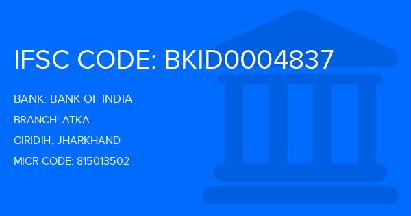 Bank Of India (BOI) Atka Branch IFSC Code