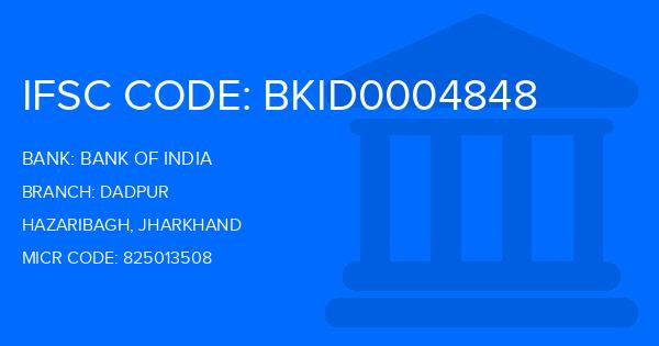 Bank Of India (BOI) Dadpur Branch IFSC Code