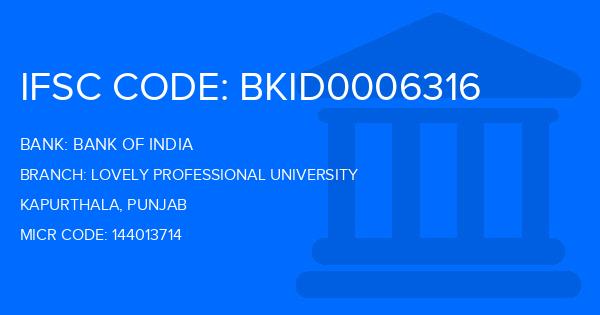 Bank Of India (BOI) Lovely Professional University Branch IFSC Code