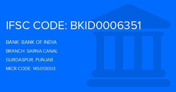 Bank Of India (BOI) Sarna Canal Branch IFSC Code