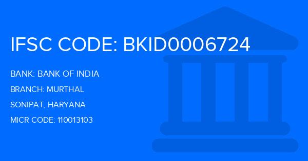 Bank Of India (BOI) Murthal Branch IFSC Code