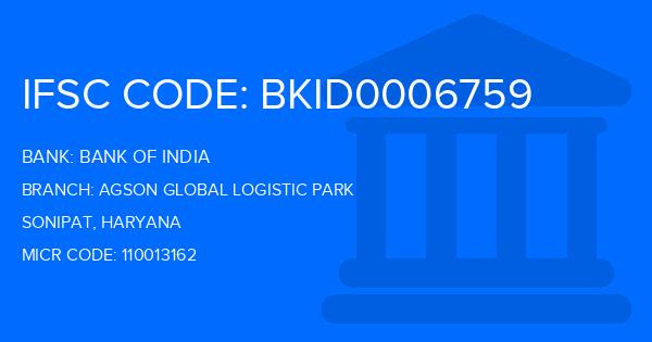 Bank Of India (BOI) Agson Global Logistic Park Branch IFSC Code