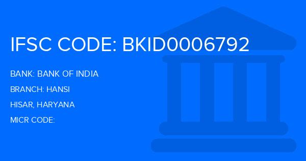 Bank Of India (BOI) Hansi Branch IFSC Code