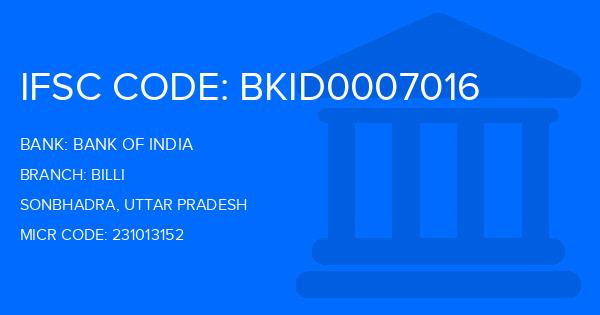 Bank Of India (BOI) Billi Branch IFSC Code