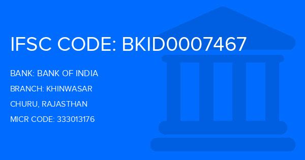 Bank Of India (BOI) Khinwasar Branch IFSC Code