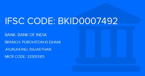 Bank Of India (BOI) Purohiton Ki Dhani Branch IFSC Code