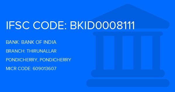 Bank Of India (BOI) Thirunallar Branch IFSC Code