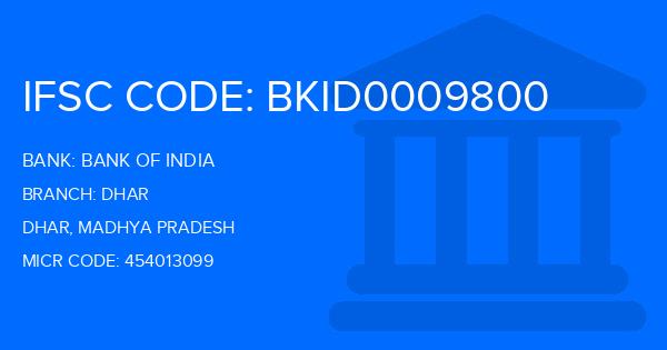 Bank Of India (BOI) Dhar Branch IFSC Code