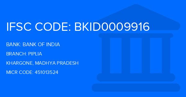 Bank Of India (BOI) Piplia Branch IFSC Code