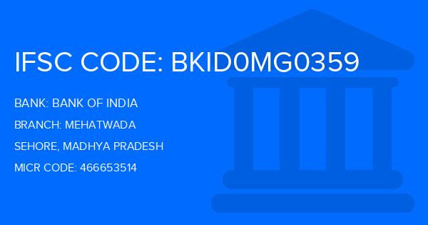 Bank Of India (BOI) Mehatwada Branch IFSC Code
