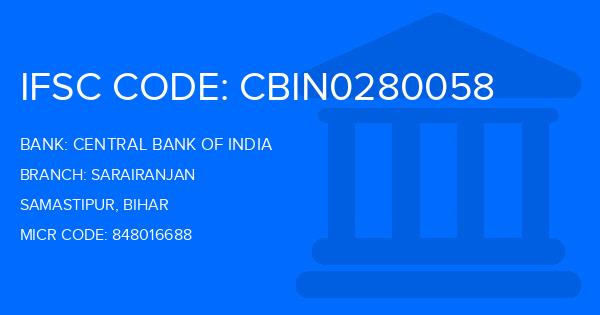 Central Bank Of India (CBI) Sarairanjan Branch IFSC Code