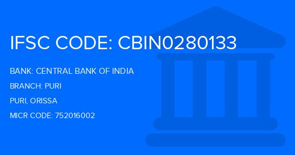 Central Bank Of India (CBI) Puri Branch IFSC Code