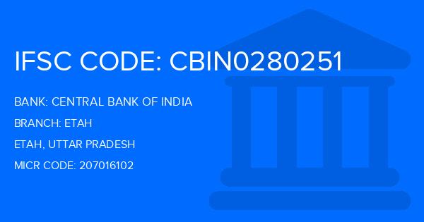 Central Bank Of India (CBI) Etah Branch IFSC Code
