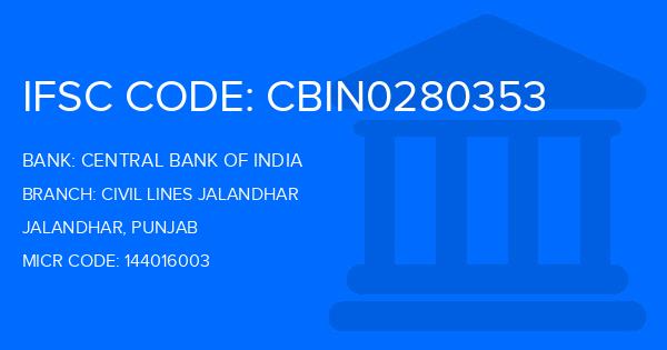Central Bank Of India (CBI) Civil Lines Jalandhar Branch IFSC Code