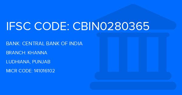 Central Bank Of India (CBI) Khanna Branch IFSC Code