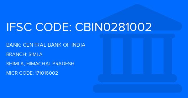 Central Bank Of India (CBI) Simla Branch IFSC Code