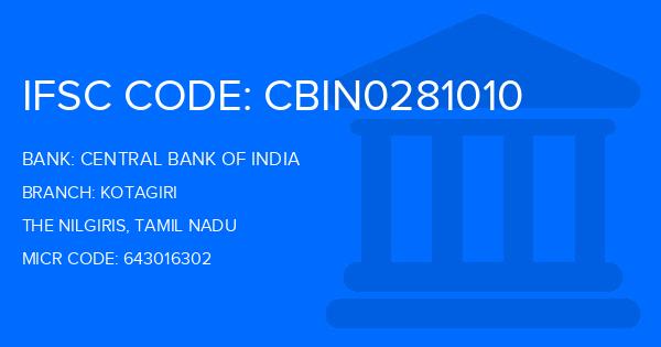 Central Bank Of India (CBI) Kotagiri Branch IFSC Code