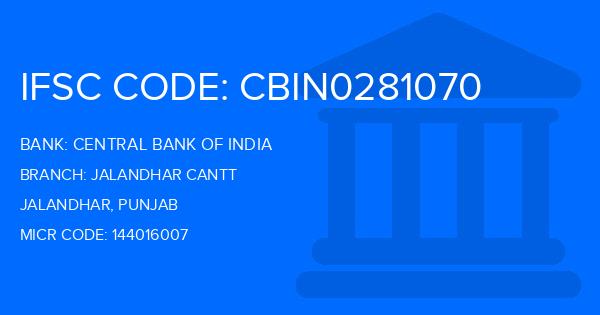 Central Bank Of India (CBI) Jalandhar Cantt Branch IFSC Code
