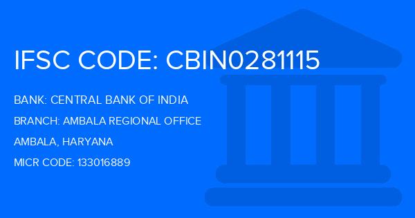 Central Bank Of India (CBI) Ambala Regional Office Branch IFSC Code
