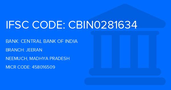 Central Bank Of India (CBI) Jeeran Branch IFSC Code