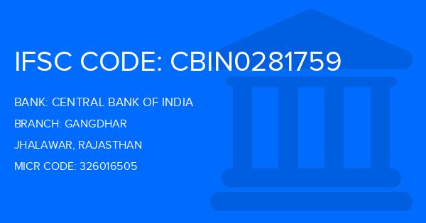 Central Bank Of India (CBI) Gangdhar Branch IFSC Code