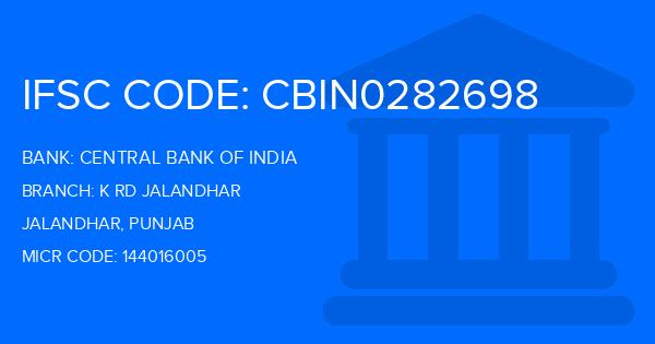 Central Bank Of India (CBI) K Rd Jalandhar Branch IFSC Code