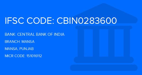 Central Bank Of India (CBI) Mansa Branch IFSC Code