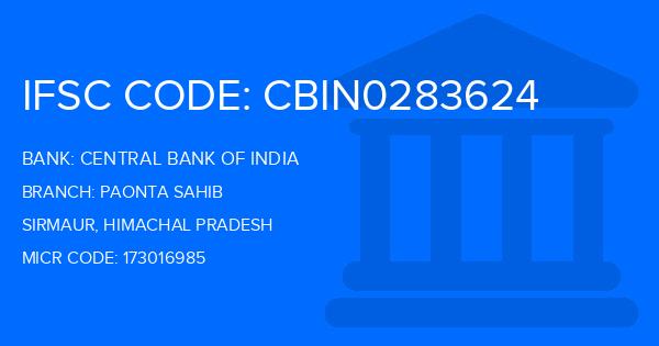 Central Bank Of India (CBI) Paonta Sahib Branch IFSC Code