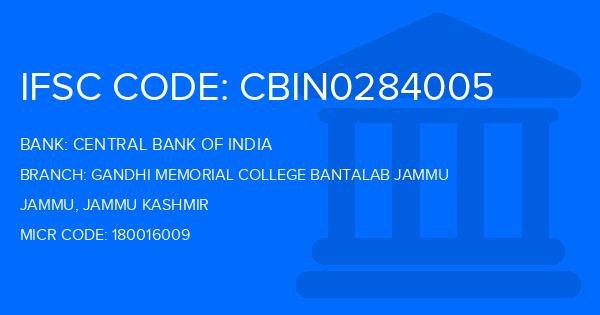 Central Bank Of India (CBI) Gandhi Memorial College Bantalab Jammu Branch IFSC Code