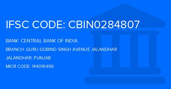 Central Bank Of India (CBI) Guru Gobind Singh Avenue Jalandhar Branch IFSC Code